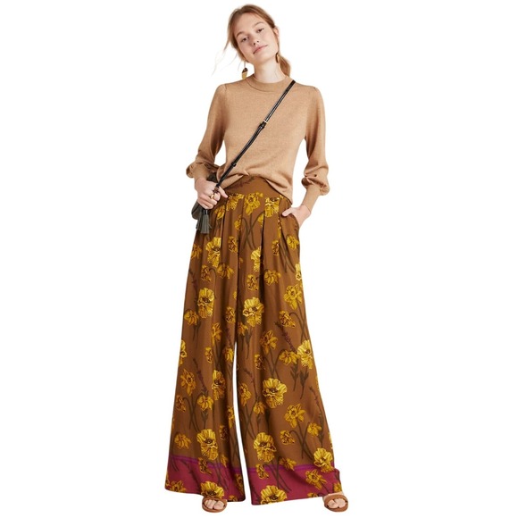 Maeve by Anthropologie Pants - Maeve Anthropologie Terrace Floral Wide Leg Pants Brown Yellow Poppy Smocked 6